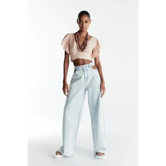 ☀️Zara nude linen plunge neckline crop top w/ floral mesh-like embroidery, M - Picture 4 of 11